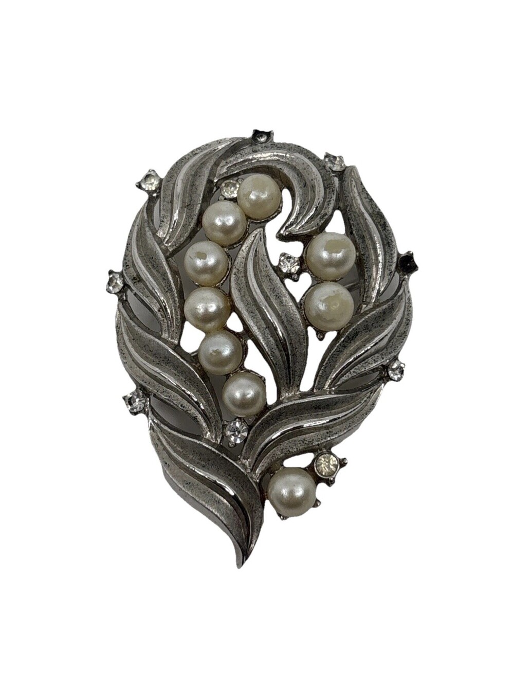 Trifari Silver Tone Faux Pearl Rhinestone Leaf Brooch Pin Costume Jewelry READ